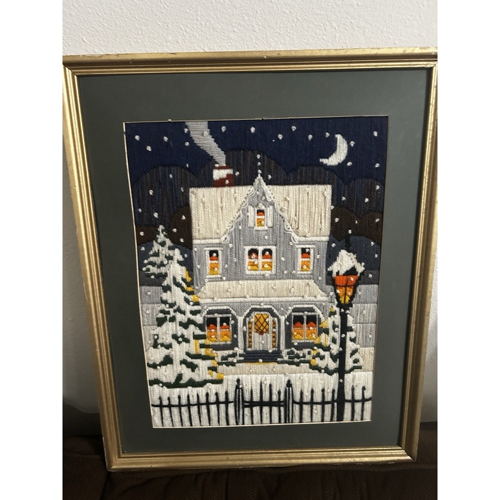 Vtg Crewel Embroidery Winter Scene Christmas Night Snow Grandma Cottage Framed